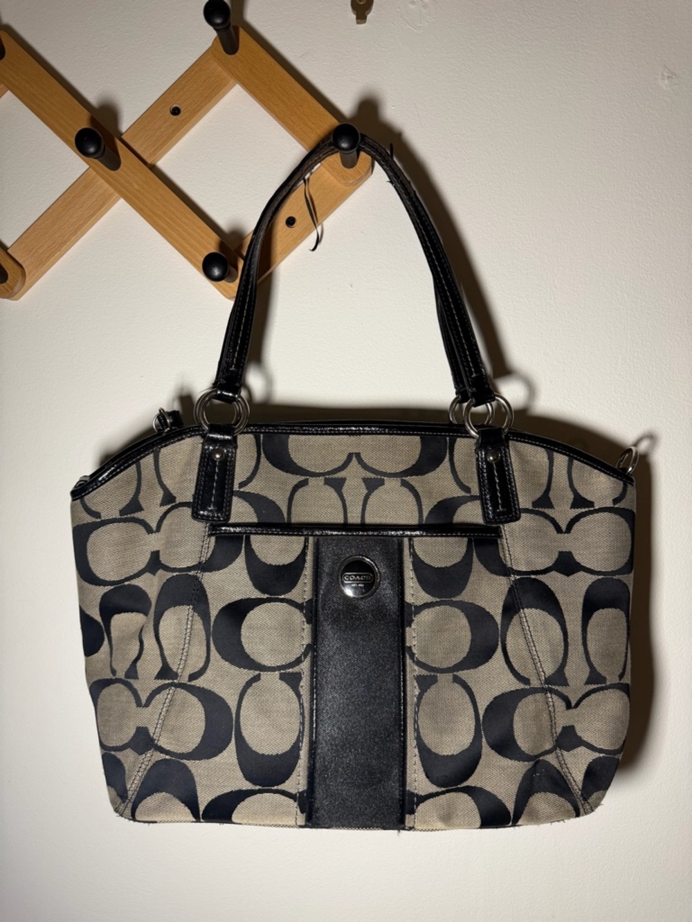 Coach Black and Tan Logo Tote with Leather Trim